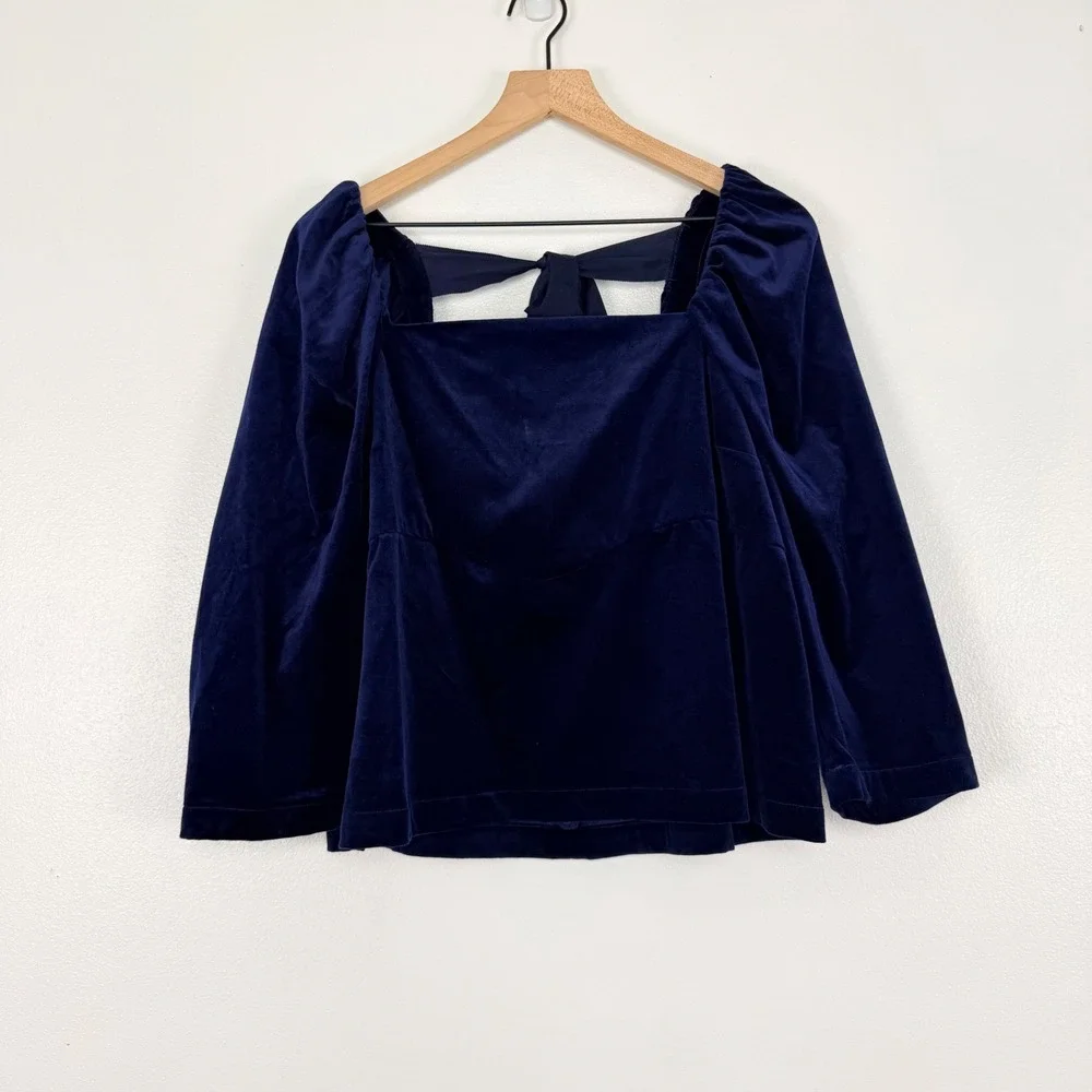 Banana Republic Velvet Top Womens L Navy Blue Puff Sleeve Bow Back Square Neck